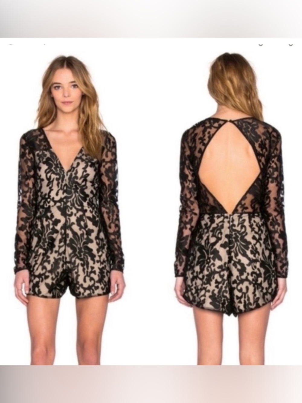 Lovers + Friends Black Lace Open Back Romper XS